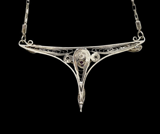 Silver Filligree pendant with sterling silver chain with amethyst.