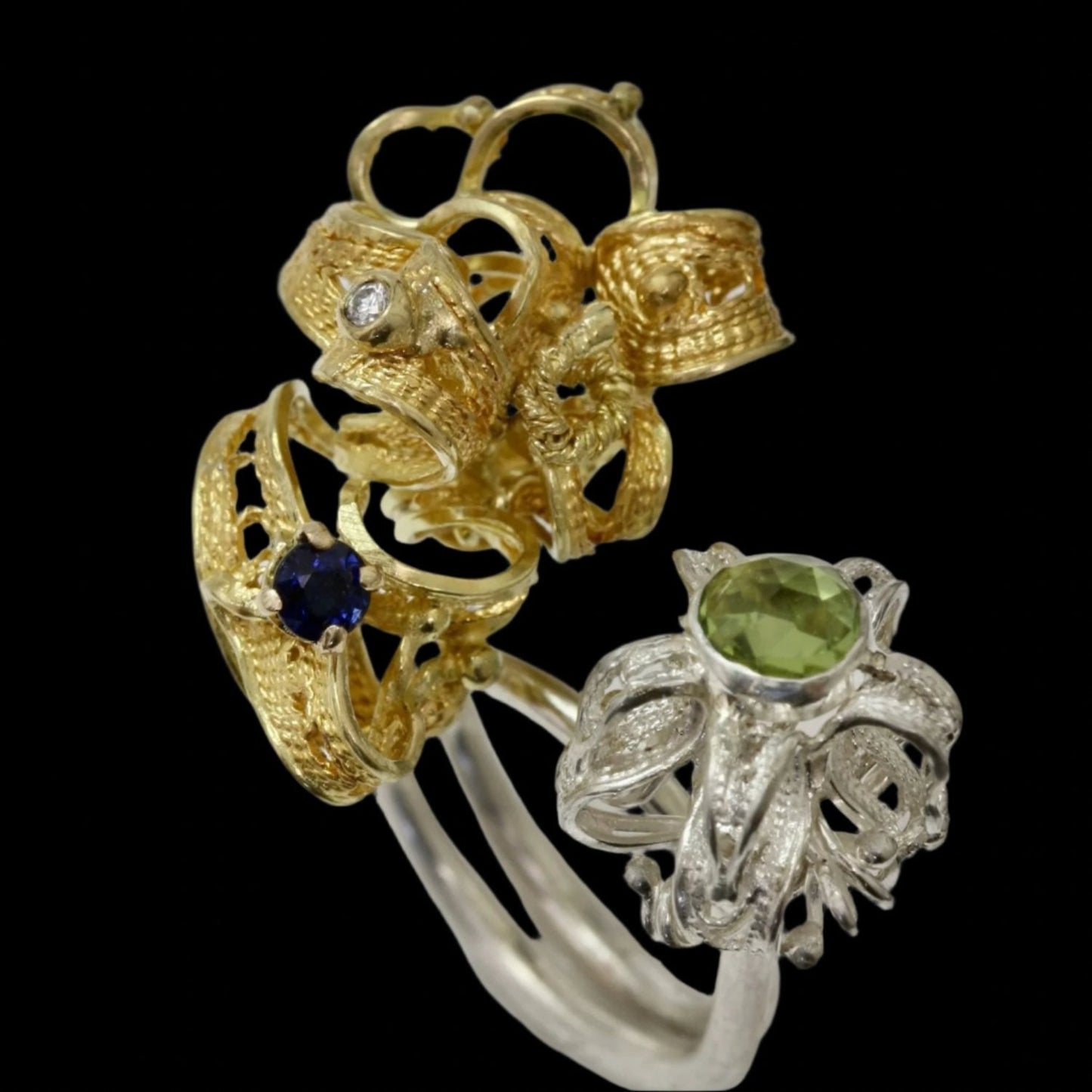 Ring, gold and silver with gemstones