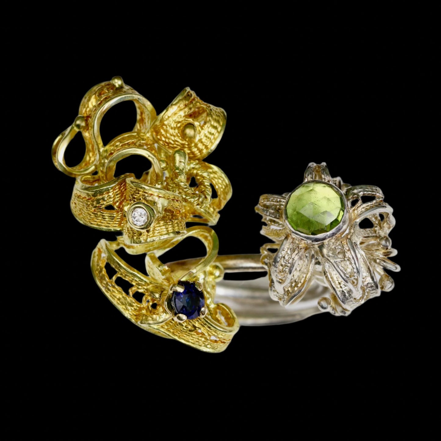 Ring, gold and silver with gemstones