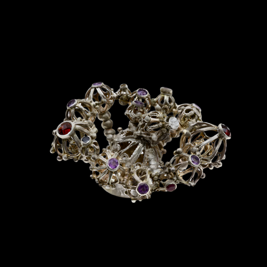 Ring, Sterling, silver filigree spheres with gemstones.