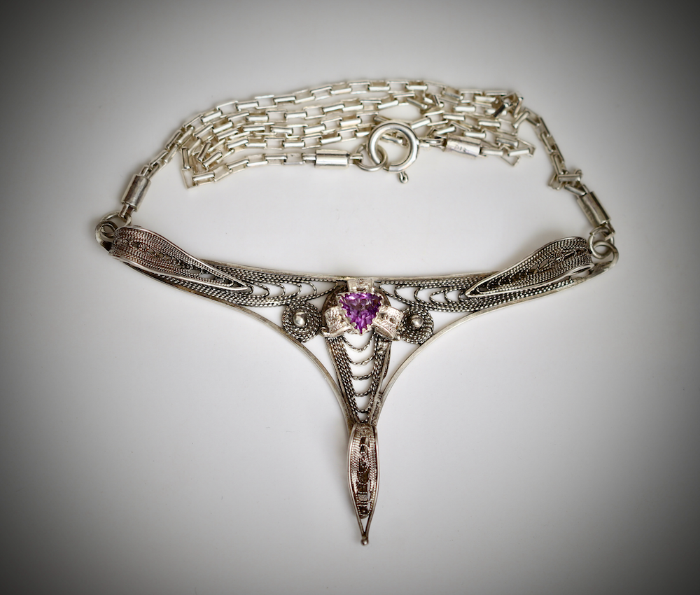 Silver Filligree pendant with sterling silver chain with amethyst.