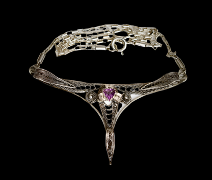 Silver Filligree pendant with sterling silver chain with amethyst.