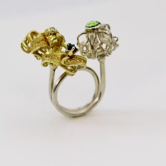 Ring, gold and silver with gemstones