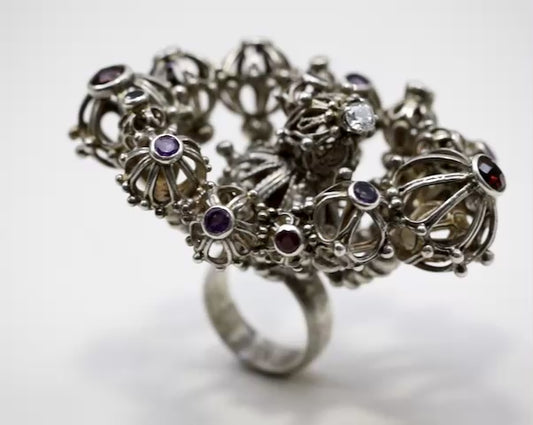 Ring, Sterling, silver filigree spheres with gemstones.